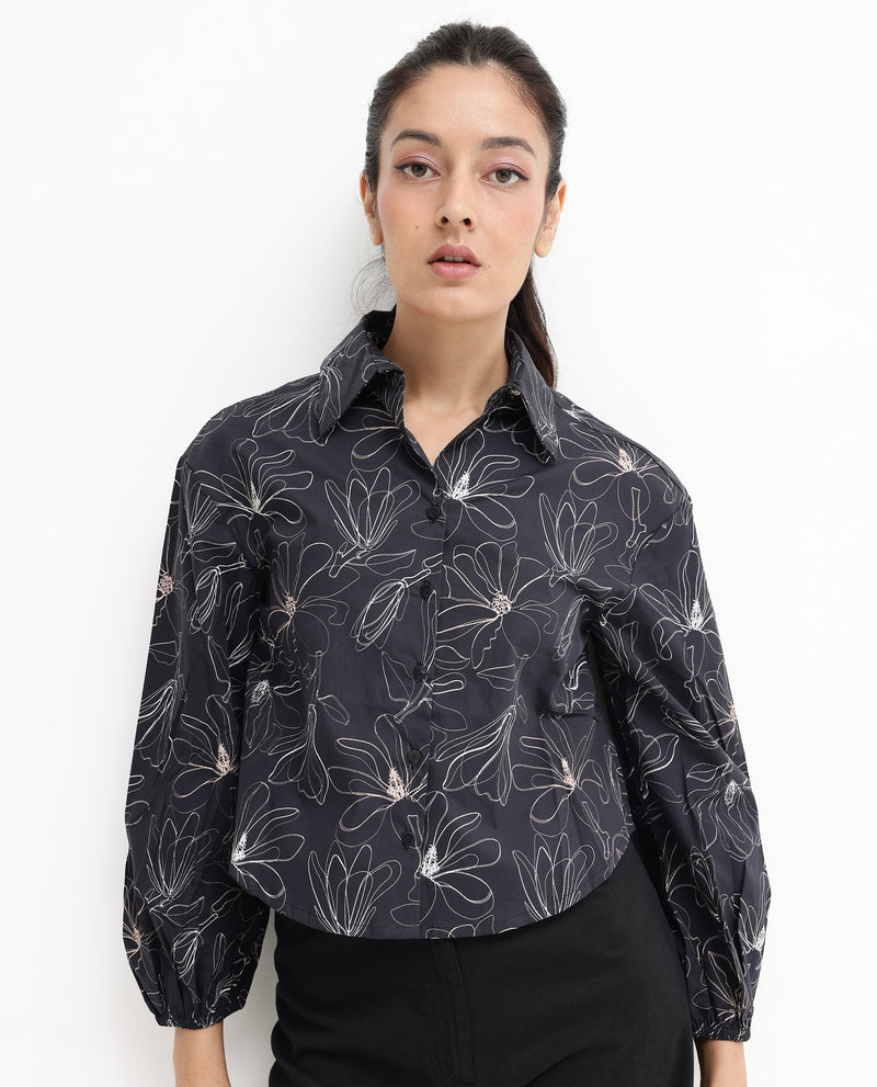 Rareism Women'S Reynosa Black Cotton Fabric Bishop Sleeves Jonny Collar Floral Print Relaxed Fit Cropped Shirt