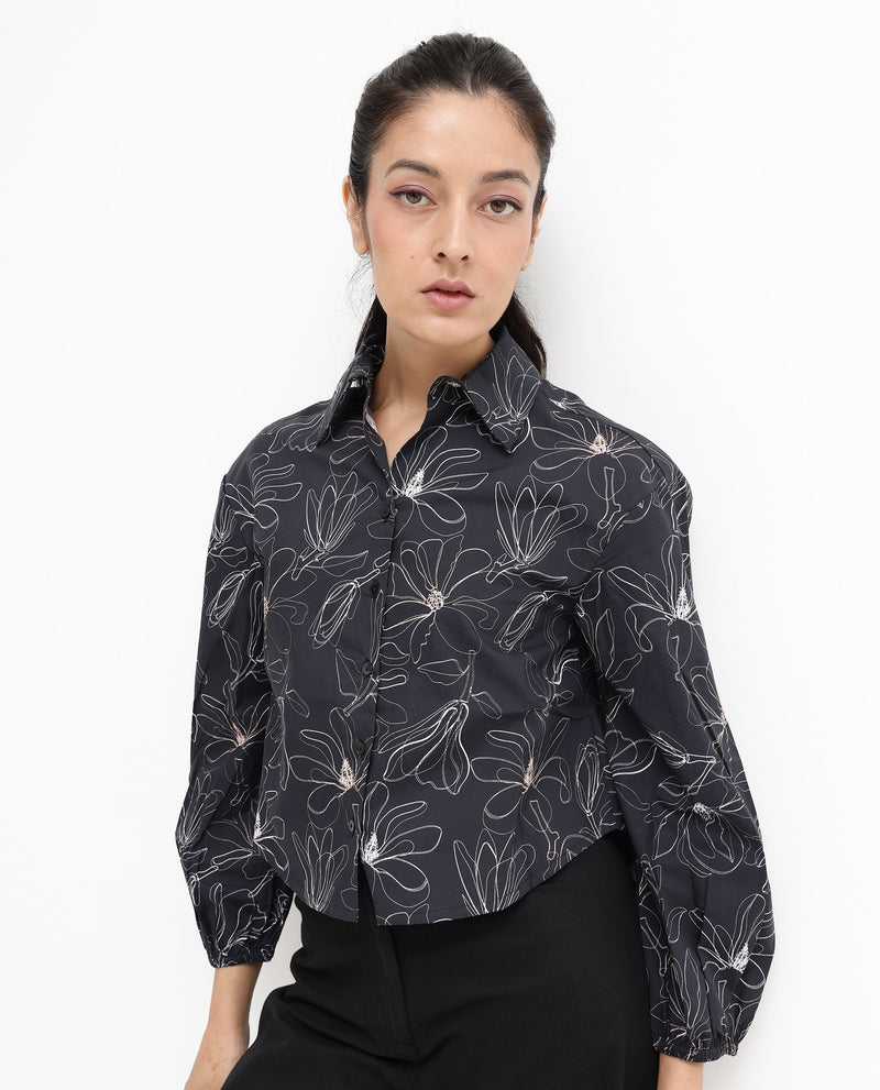 Rareism Women'S Reynosa Black Cotton Fabric Bishop Sleeves Jonny Collar Floral Print Relaxed Fit Cropped Shirt