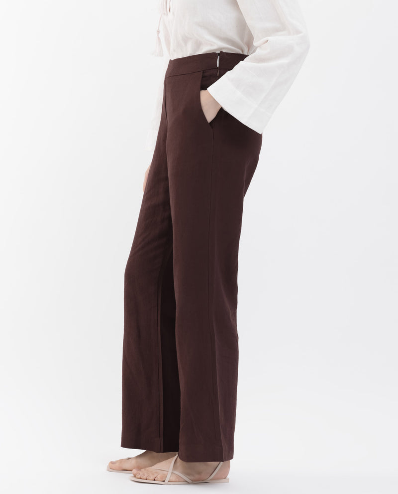 Rareism Women's Rica Brown Cotton Linen Fabric Regular Length Trouser