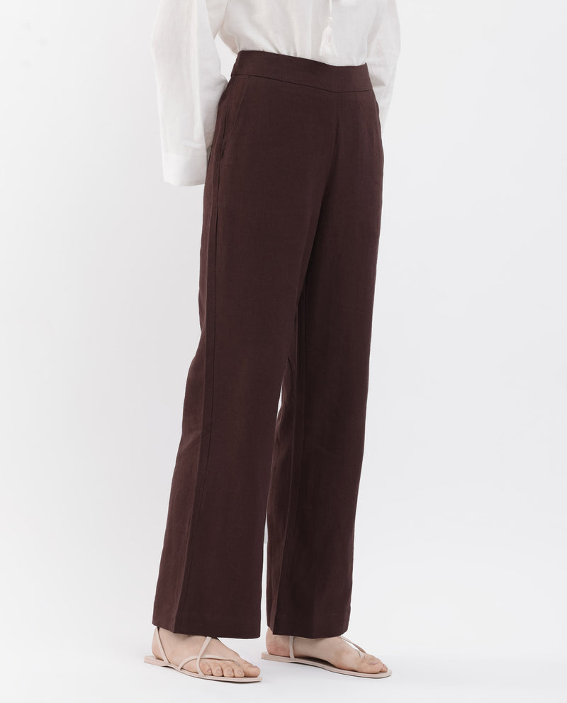 Rareism Women's Rica Brown Cotton Linen Fabric Regular Length Trouser
