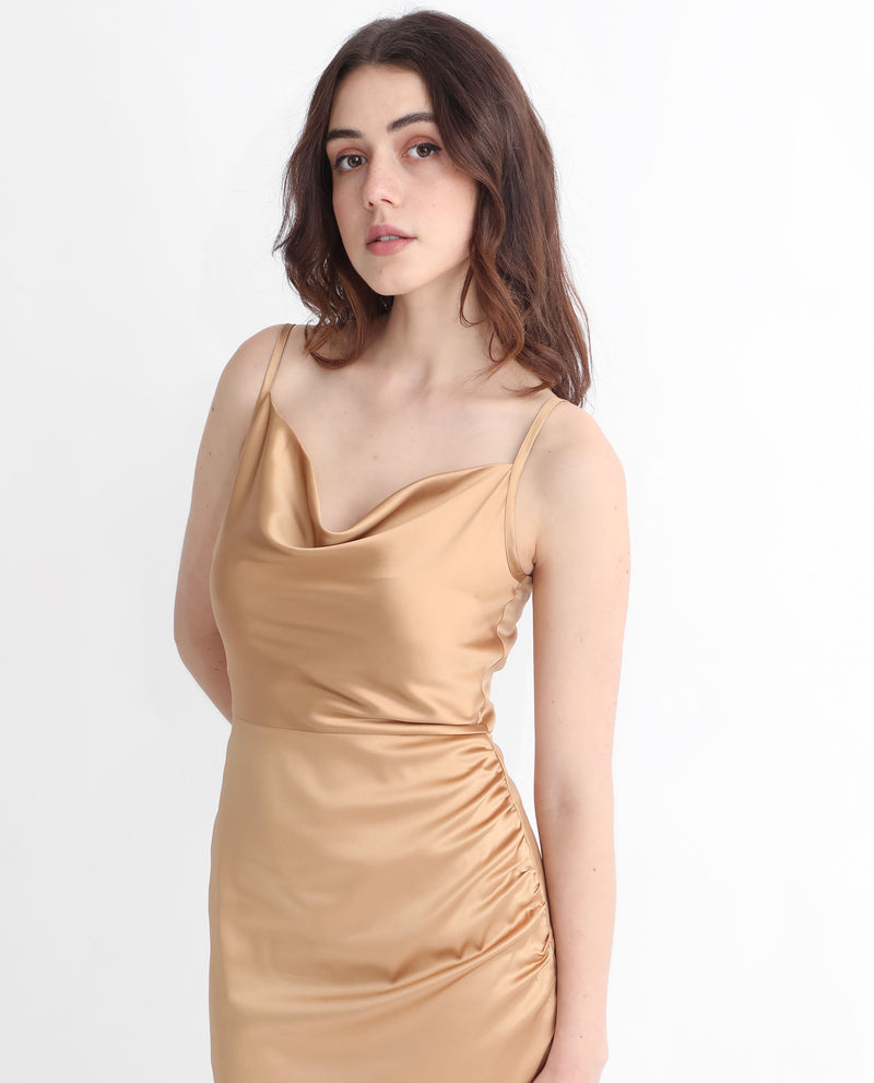 Rareism Women's Rilu Sheen Gold Cowl Neck Spaghetti Shoulder Straps With Gathered Sides Bodycon Party Knee Length Dress