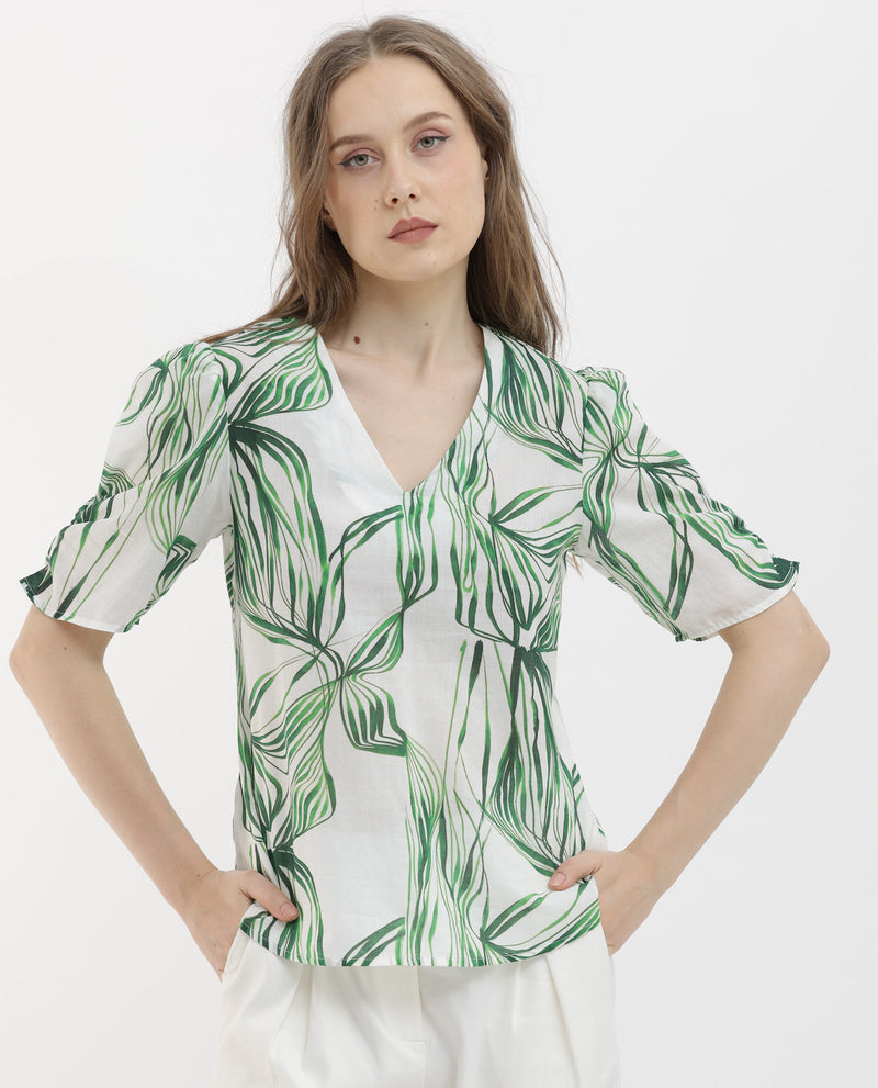 Rareism Women's Riter Green Cotton Fabric Short Sleeves V-Neck Puff Sleeve Regular Fit Abstract Print Top