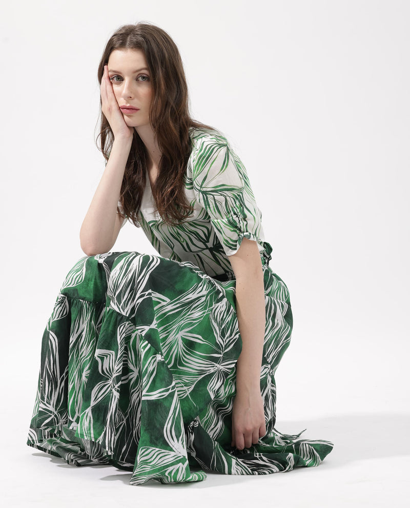 Rareism Women's Rittert Green Cotton Fabric Tie-Up Closure Regular Fit Abstract Print Midi Skirt