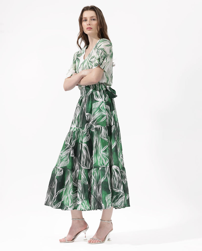 Rareism Women'S Rittert Green Cotton Fabric Tie-Up Closure Regular Fit Abstract Print Midi Skirt