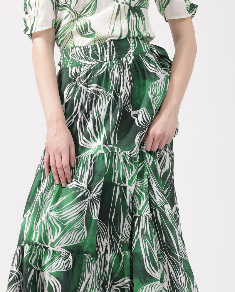 Rareism Women's Rittert Green Cotton Fabric Tie-Up Closure Regular Fit Abstract Print Midi Skirt