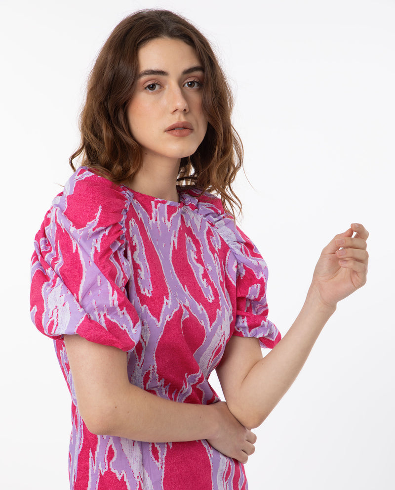 Rareism Women's Roan Pink Cotton Fabric Short Sleeves Zip Closure Round Neck Puff Sleeve Regular Fit Abstract Print Short A-Line Dress