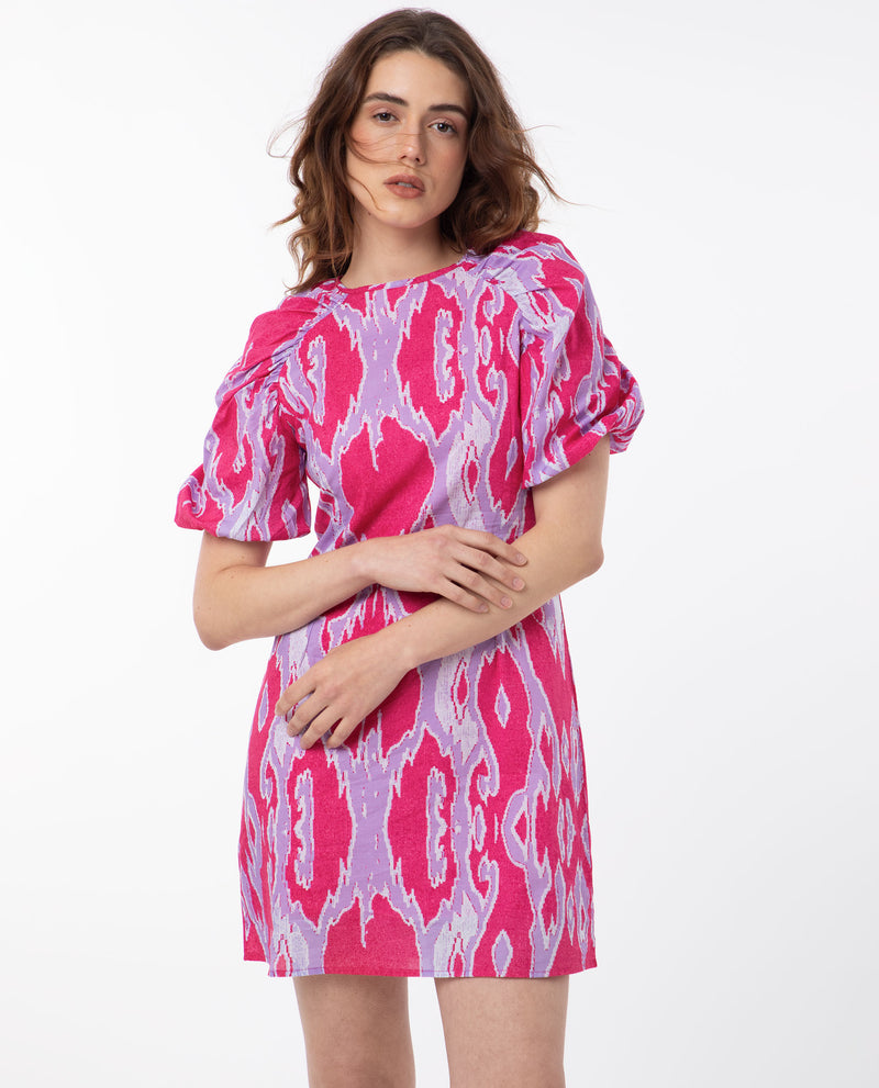 Rareism Women's Roan Pink Cotton Fabric Short Sleeves Zip Closure Round Neck Puff Sleeve Regular Fit Abstract Print Short A-Line Dress