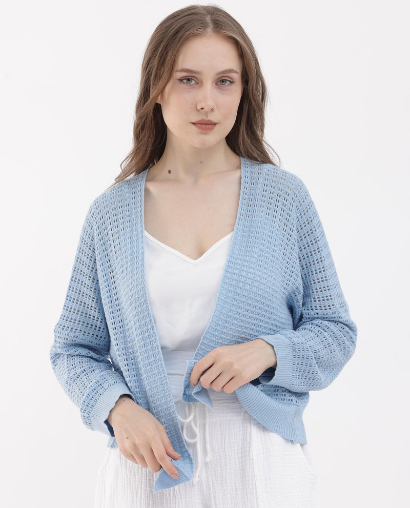 Rareism Women'S Roba Light Blue Cotton Fabric Full Sleeves Relaxed Fit Plain Shrug