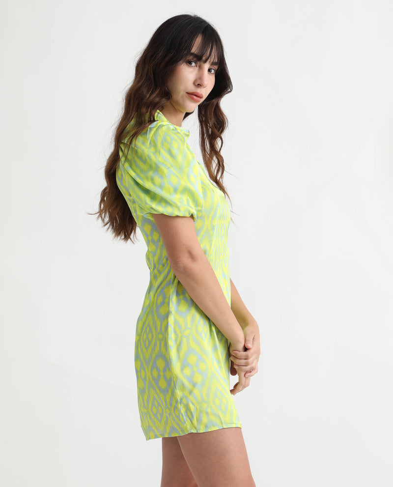 Rareism Women's Robertson Fluorescent Yellow Polyester Fabric Short Sleeves Zip Closure Round Neck Puff Sleeve Boxy Fit Geometric Print Short Dress