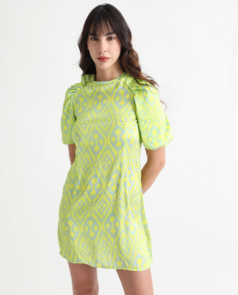 Rareism Women's Robertson Fluorescent Yellow Polyester Fabric Short Sleeves Zip Closure Round Neck Puff Sleeve Boxy Fit Geometric Print Short Dress