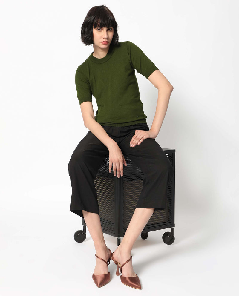 Rareism Women's Rohrdo Olive Viscose Fabric Half Sleeves Regular Fit Solid Round Neck Sweater