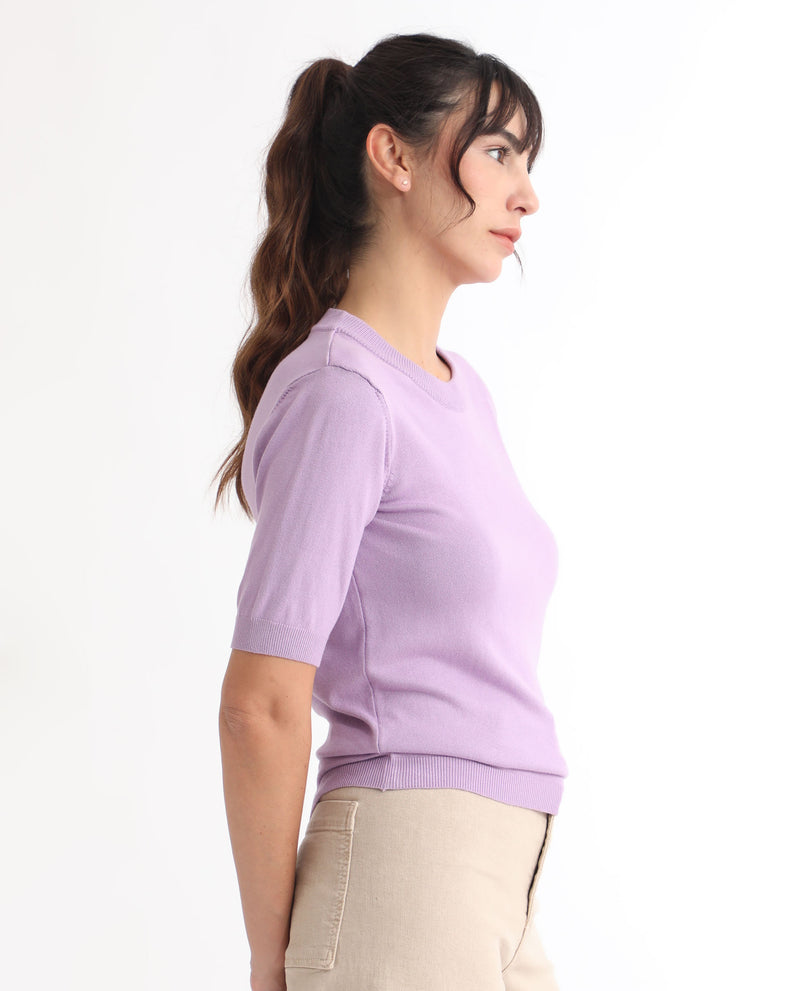 Rareism Women's Rohrdo Pastel Purple Viscose Fabric Short Sleeves Round Neck Regular Fit Plain Sweater