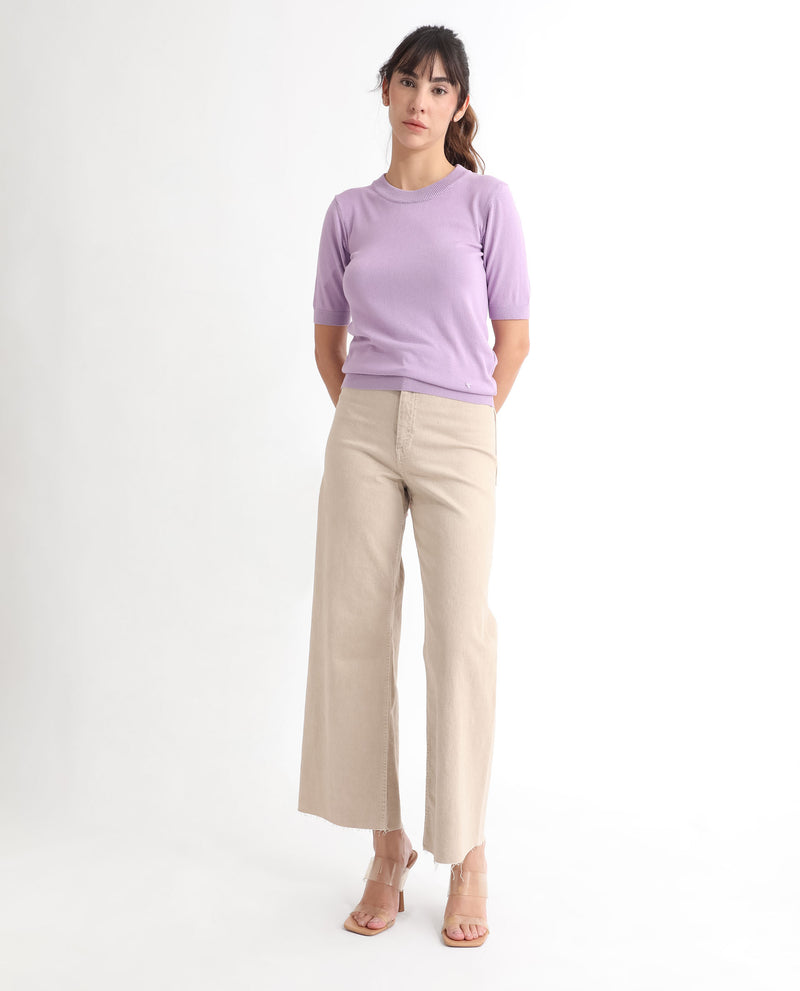 Rareism Women's Rohrdo Pastel Purple Viscose Fabric Short Sleeves Round Neck Regular Fit Plain Sweater