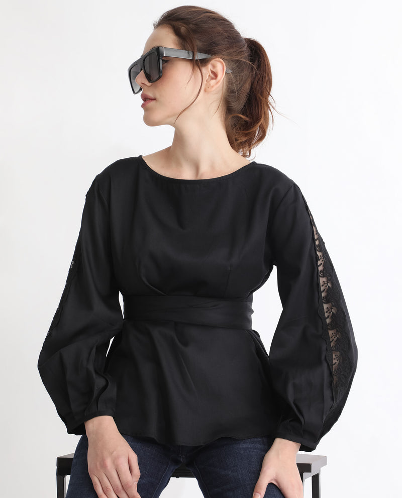 Rareism Women's Rolina Black Cotton Fabric Regular Fit Boat Neck Full Sleeves Solid Top