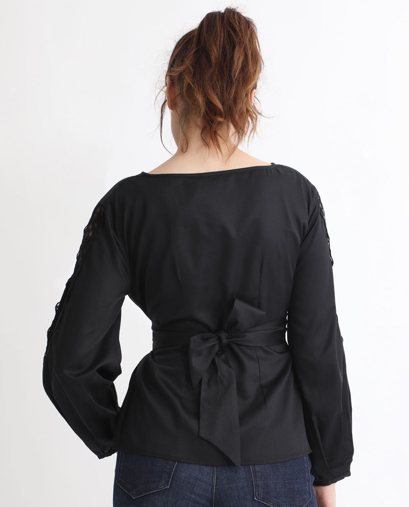 Rareism Women'S Rolina Black Cotton Fabric Regular Fit Boat Neck Full Sleeves Solid Top