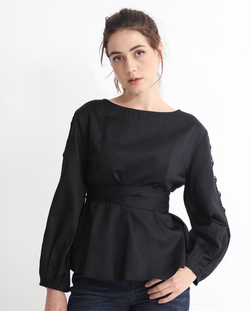 Rareism Women'S Rolina Black Cotton Fabric Regular Fit Boat Neck Full Sleeves Solid Top