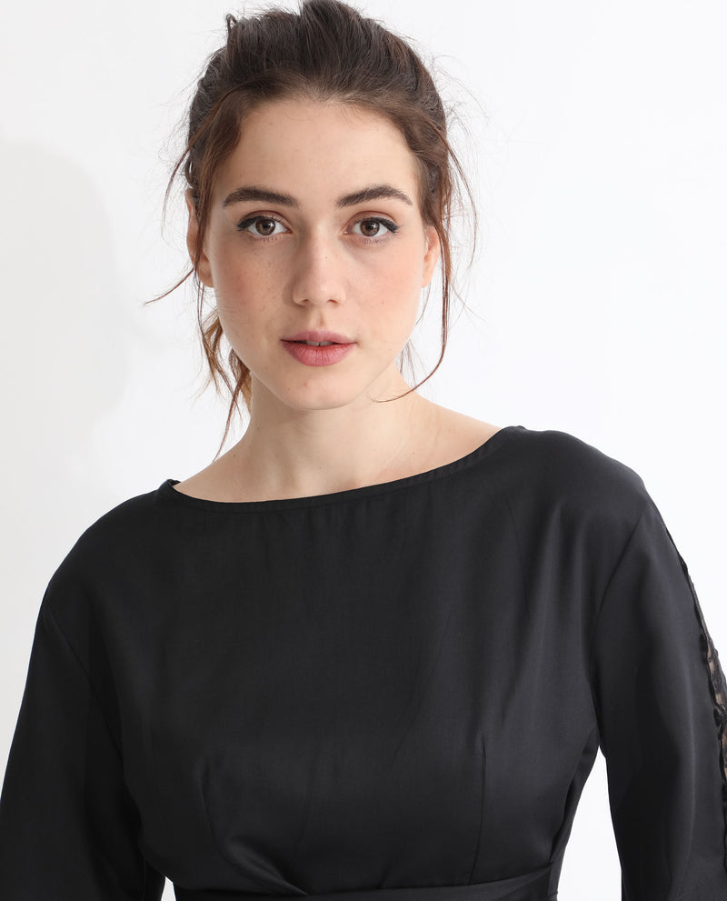 Rareism Women's Rolina Black Cotton Fabric Regular Fit Boat Neck Full Sleeves Solid Top