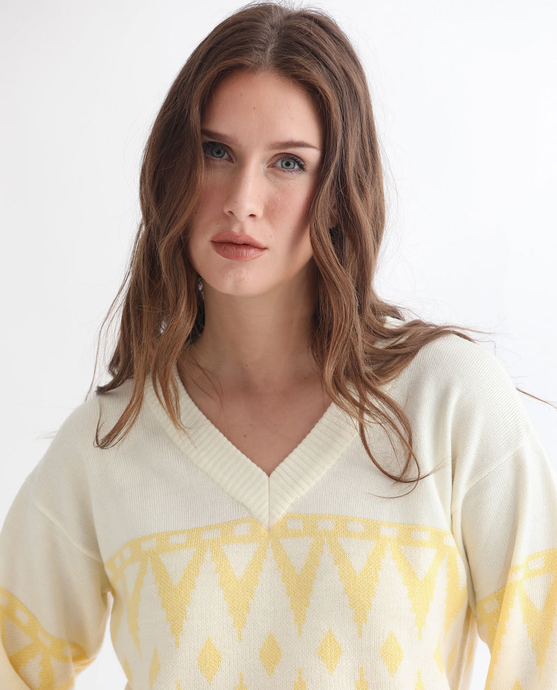 RAREISM WOMEN'S RONNIE YELLOW SWEATER FULL SLEEVE V-NECK SOLID