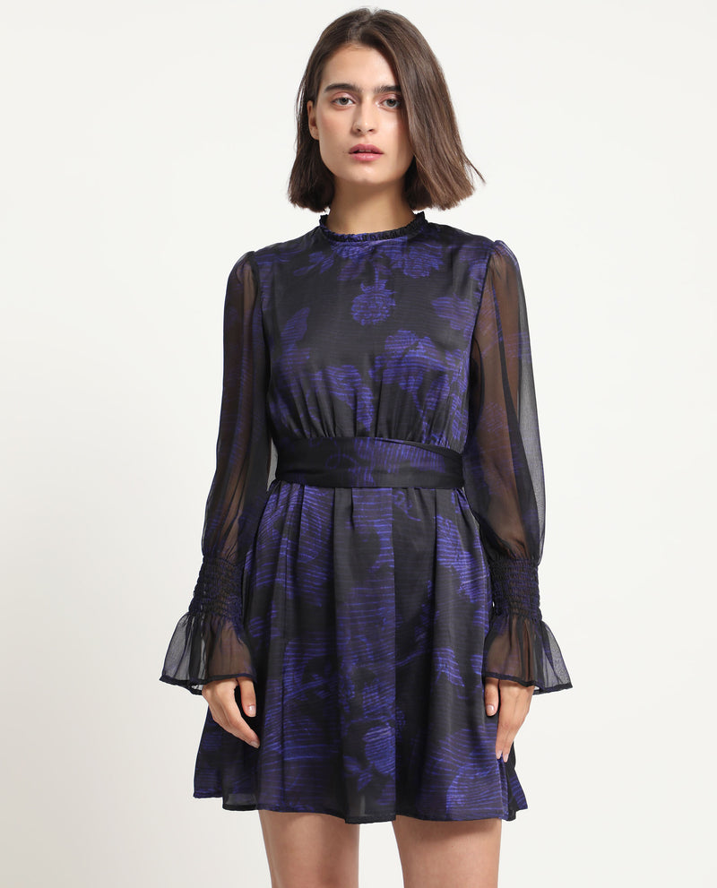 Rareism Women's Rossel Dark Navy Polyester Fabric Full Sleeves High Neck Balloon Sleeve Regular Fit Abstract Print Short Empire Dress