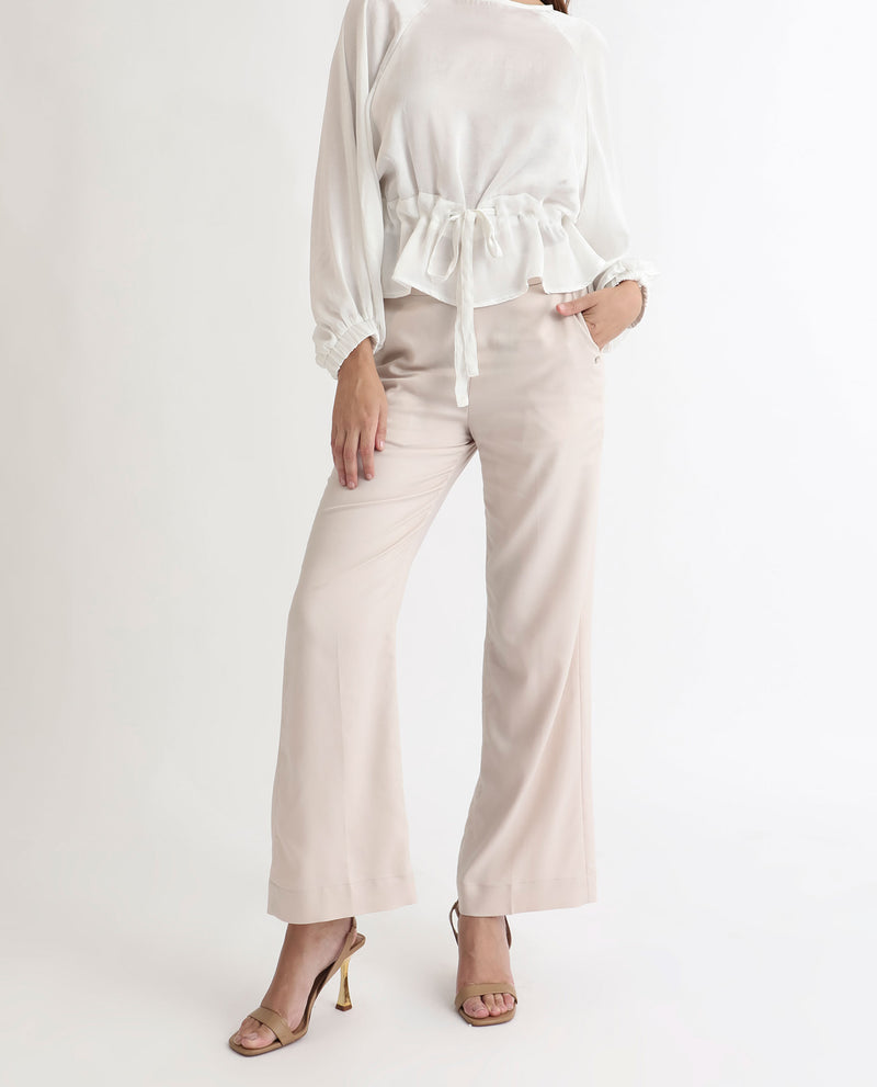 Rareism Women's Rotel Light Beige Polyester Fabric Tailored Fit Mid Rise Solid Ankle Length Trousers