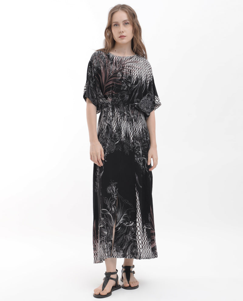 Rareism Women's Rufus Black Polyester Fabric Short Sleeves Round Neck Relaxed Fit Abstract Print Midi Dress