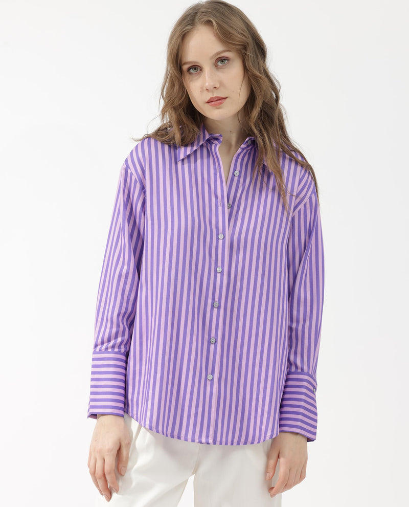 Rareism Women's Runio Dusky Purple Polyester Fabric Full Sleeves Button Closure Shirt Collar Cuffed Sleeve Regular Fit Striped Shirt