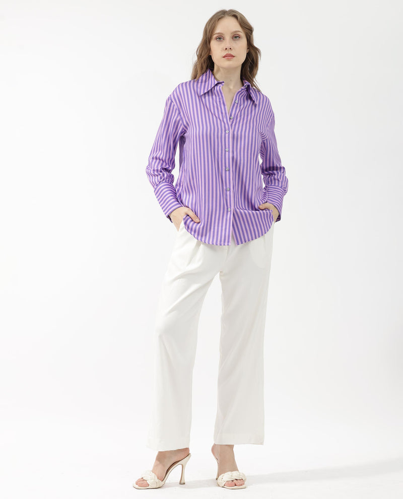 Rareism Women's Runio Dusky Purple Polyester Fabric Full Sleeves Button Closure Shirt Collar Cuffed Sleeve Regular Fit Striped Shirt
