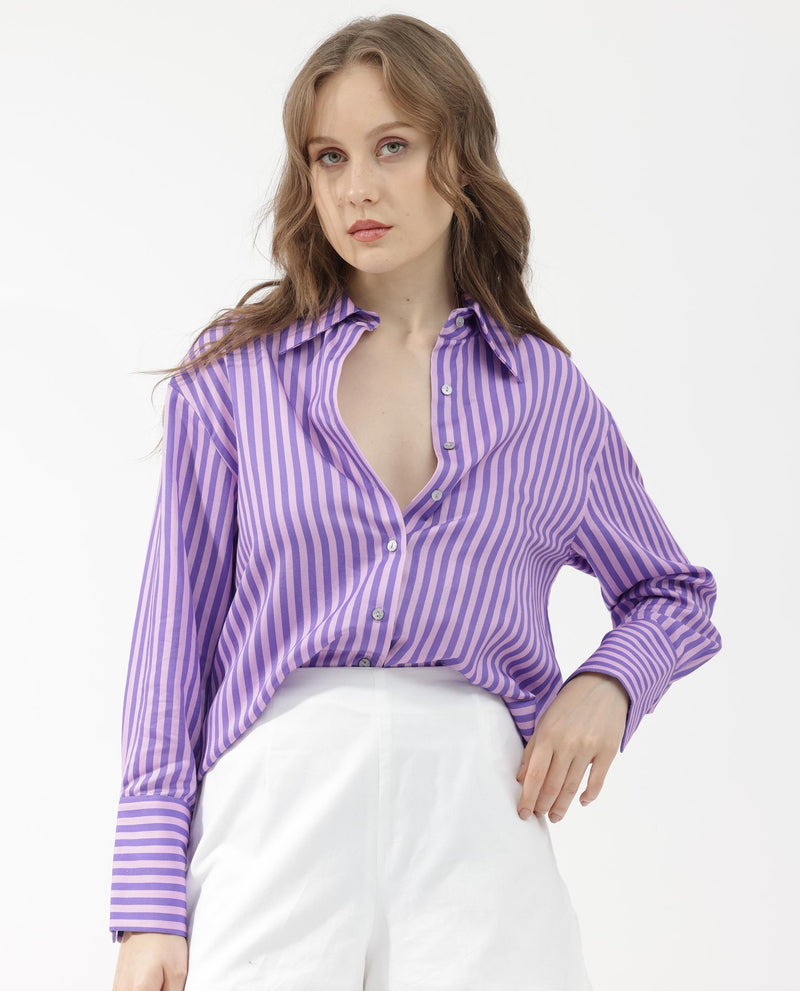 Rareism Women'S Runio Dusky Purple Polyester Fabric Full Sleeves Button Closure Shirt Collar Cuffed Sleeve Regular Fit Striped Shirt