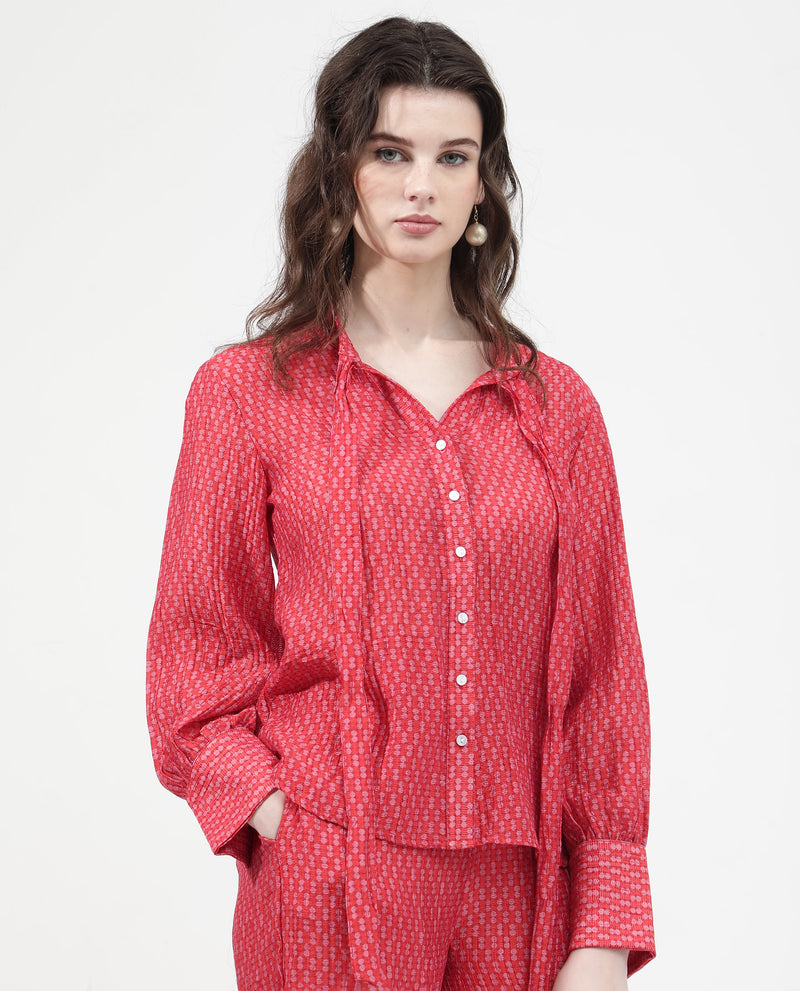 Rareism Women'S Rusha-T Red Rayon Nylon Fabric Regular Sleeves Collared Neck Abstract Print Regular Length Top