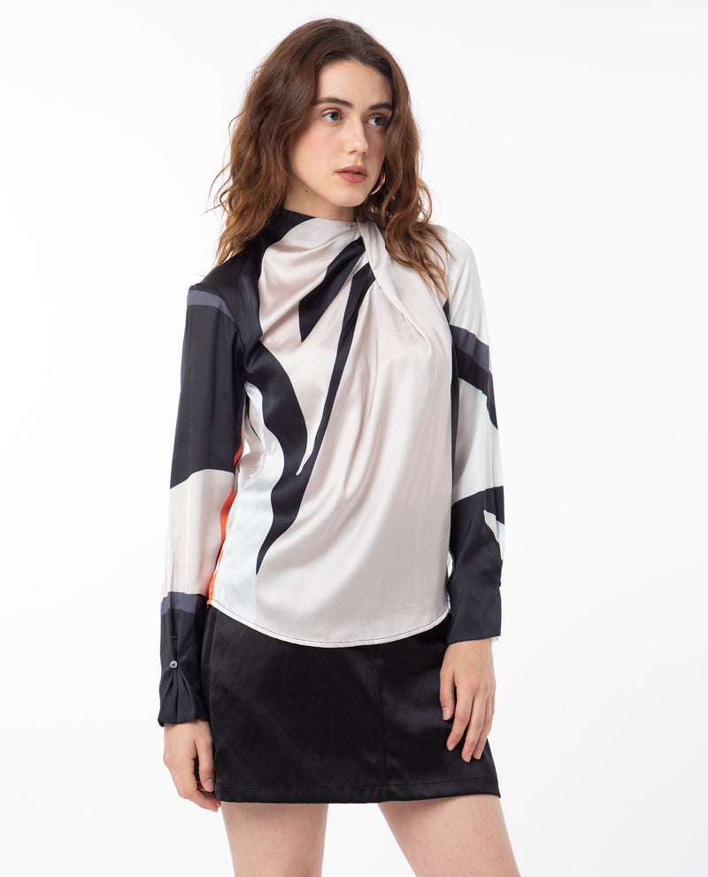 Rareism Women'S Saatgan Multi Polyester Fabric Regular Fit Cowl Neck Full Sleeves Abstract Print Top