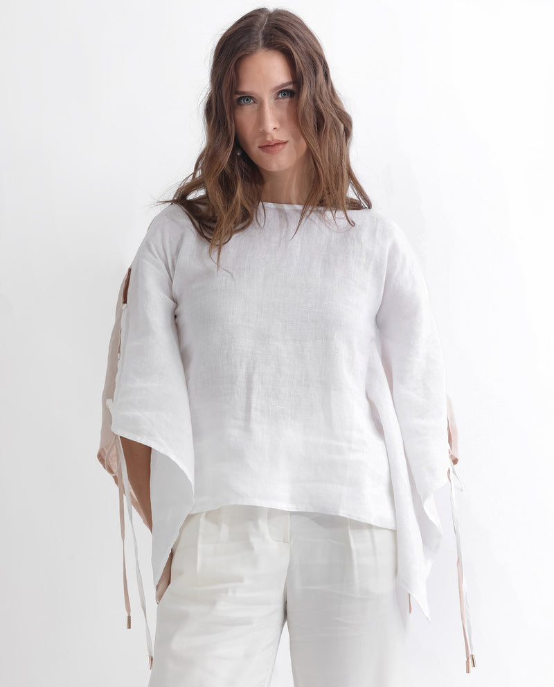 Rareism Women'S Safron White Linen Fabric Regular Fit Boat Neck Half Sleeves Solid Top