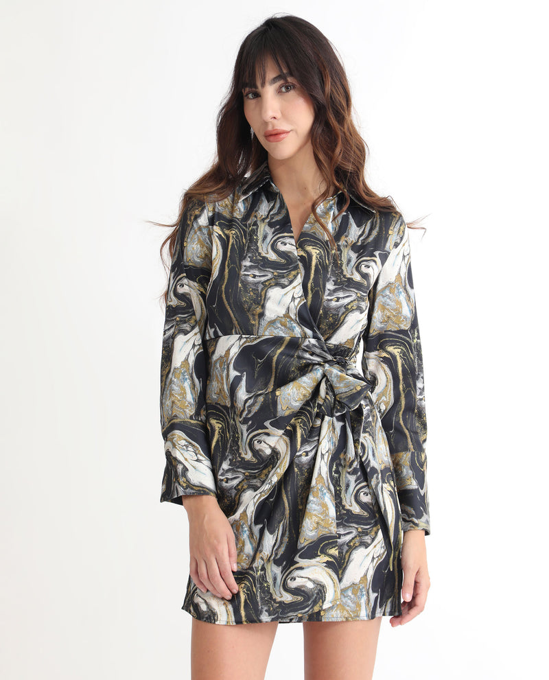 Rareism Women'S Sager Black Polyester Fabric Full Sleeves Tie-Up Closure Shirt Collar Regular Fit Abstract Print Short Wrap Dress