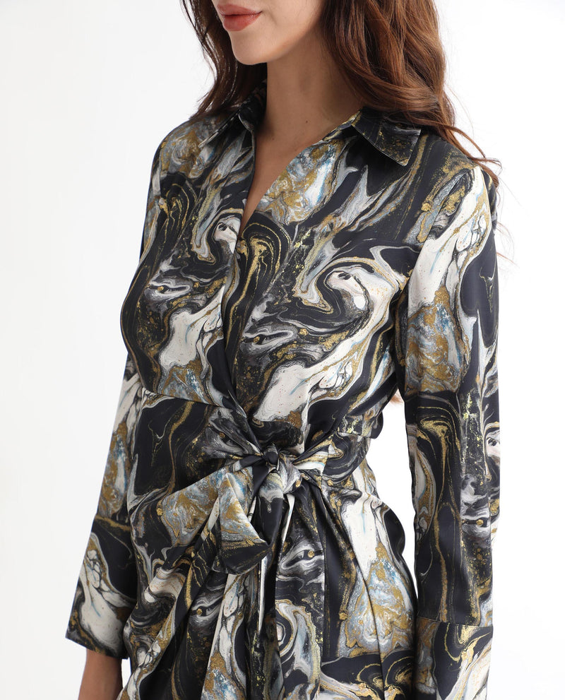 Rareism Women's Sager Black Polyester Fabric Full Sleeves Tie-Up Closure Shirt Collar Regular Fit Abstract Print Short Wrap Dress