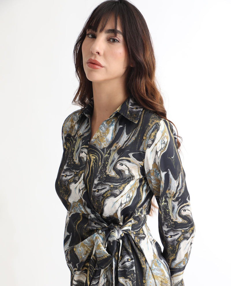 Rareism Women's Sager Black Polyester Fabric Full Sleeves Tie-Up Closure Shirt Collar Regular Fit Abstract Print Short Wrap Dress