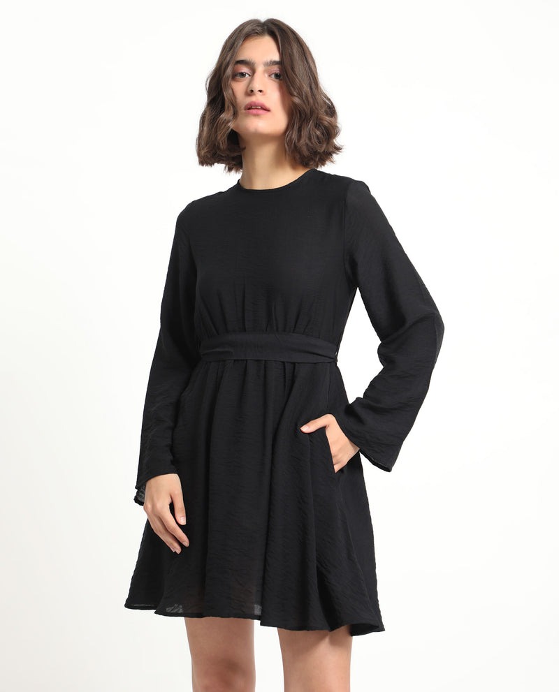 Rareism Women's Sahar Black Viscose Nylon Fabric Full Sleeves Zip Closure Round Neck Raglan Sleeve Fit And Flare Plain Knee Length Empire Dress