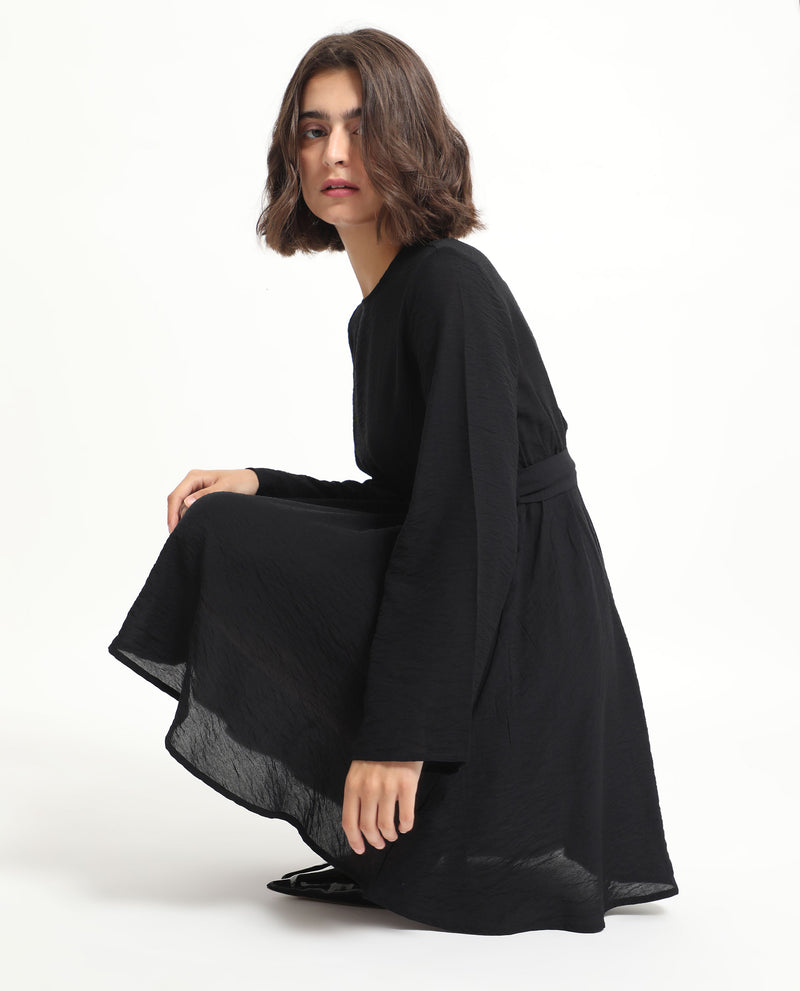 Rareism Women's Sahar Black Viscose Nylon Fabric Full Sleeves Zip Closure Round Neck Raglan Sleeve Fit And Flare Plain Knee Length Empire Dress