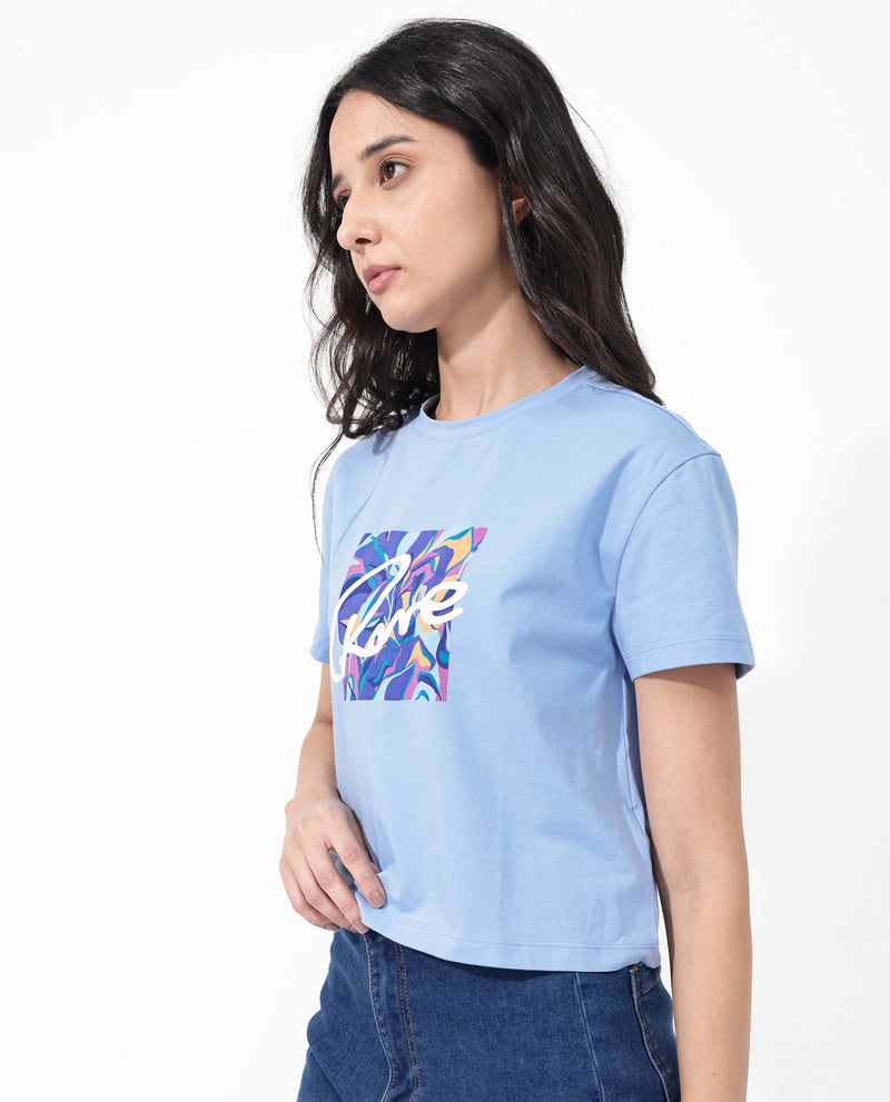 Rareism Women'S Sandre Blue Cotton Elastane Fabric Crew Neck Knit Solid T-Shirt