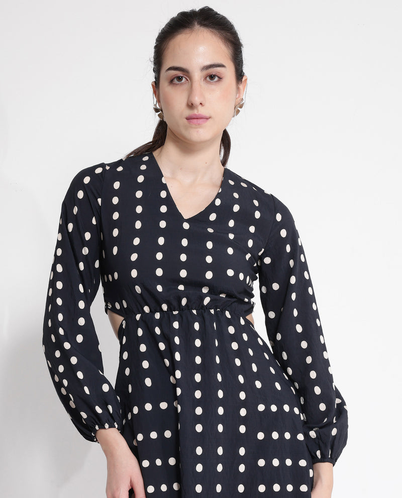 Rareism Women's Sassari Black Bishop Sleeve V-Neck Tie Up A-Line Polka Print Maxi Dress