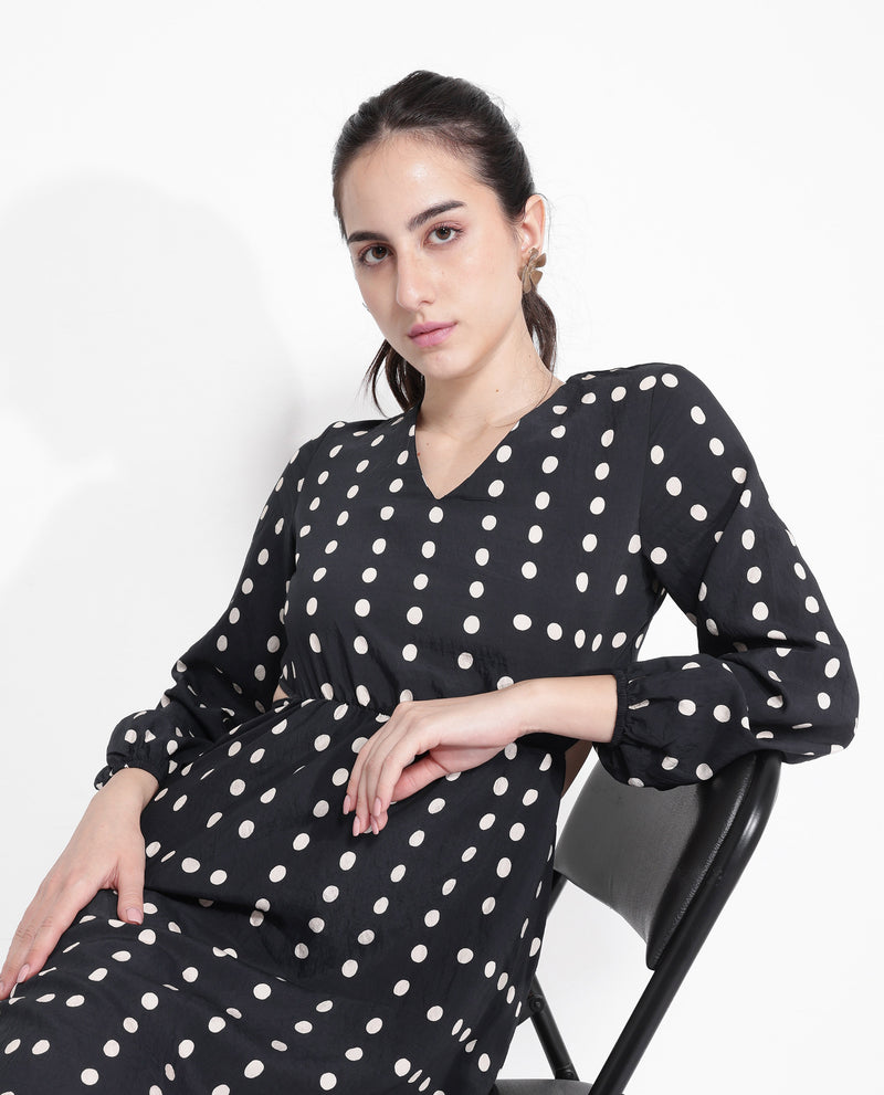 Rareism Women's Sassari Black Bishop Sleeve V-Neck Tie Up A-Line Polka Print Maxi Dress