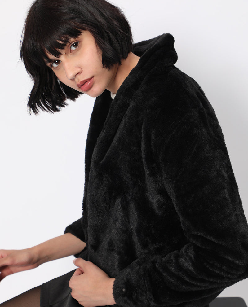 Rareism Women'S Schella Black Polyester Fabric Full Sleeves Solid Lapel Neck Jacket