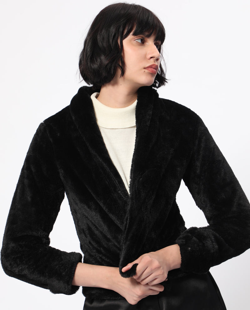 Rareism Women'S Schella Black Polyester Fabric Full Sleeves Solid Lapel Neck Jacket