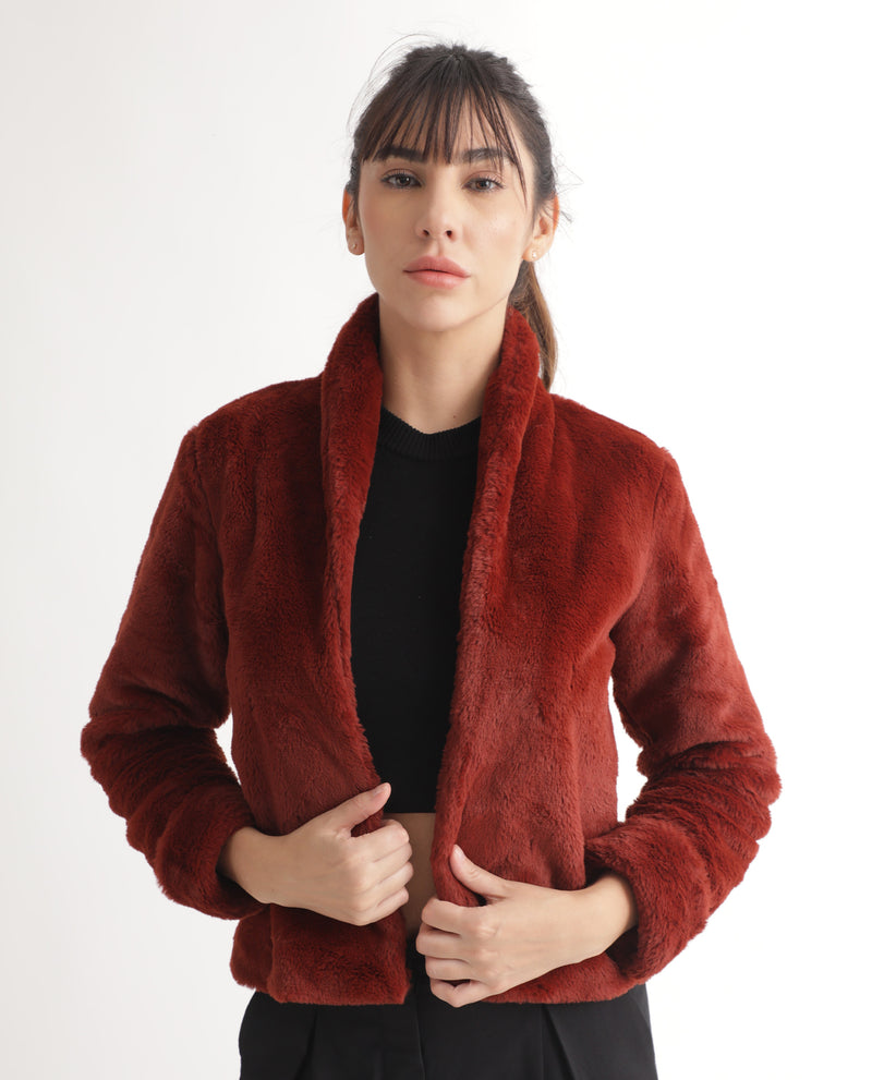 Rareism Women'S Schella Rust Polyester Fabric Full Sleeves Zip Closure High Neck Regular Fit Plain Jacket