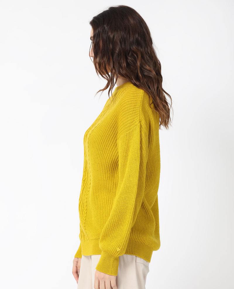 Rareism Women'S Schitt Mustard Acrylic Fabric Full Sleeves High Neck Relaxed Fit Plain Sweater