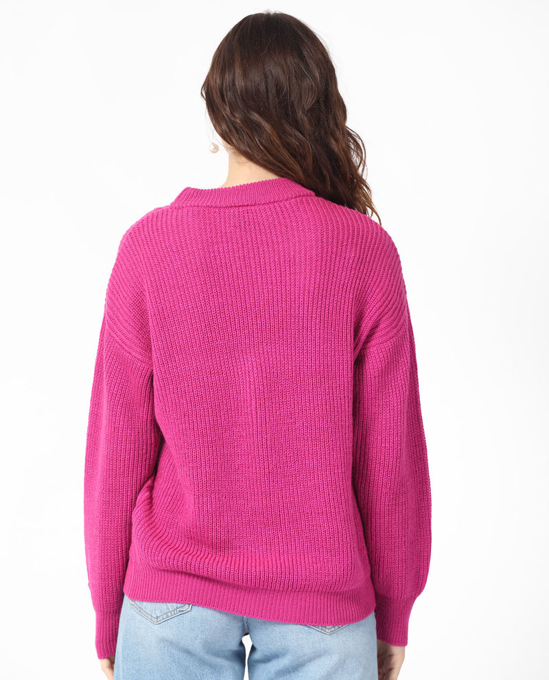 Rareism Women'S Schitt Flouroscent Pink Acrylic Fabric Full Sleeves Relaxed Fit Solid High Neck Sweater