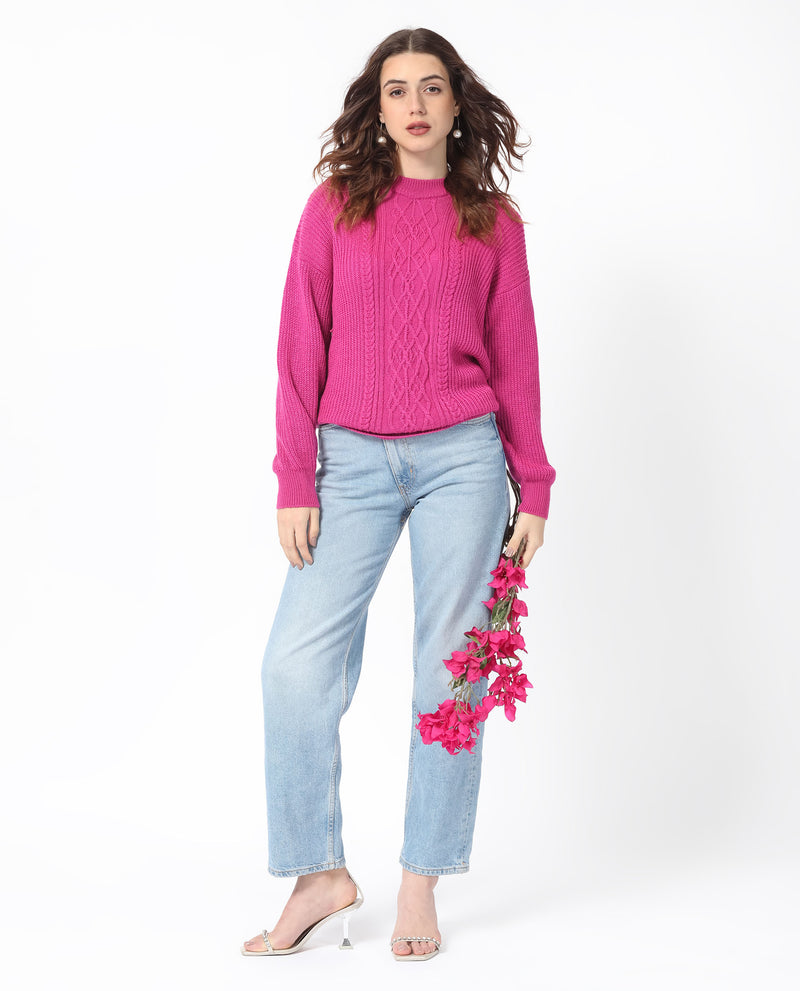 Rareism Women'S Schitt Flouroscent Pink Acrylic Fabric Full Sleeves Relaxed Fit Solid High Neck Sweater