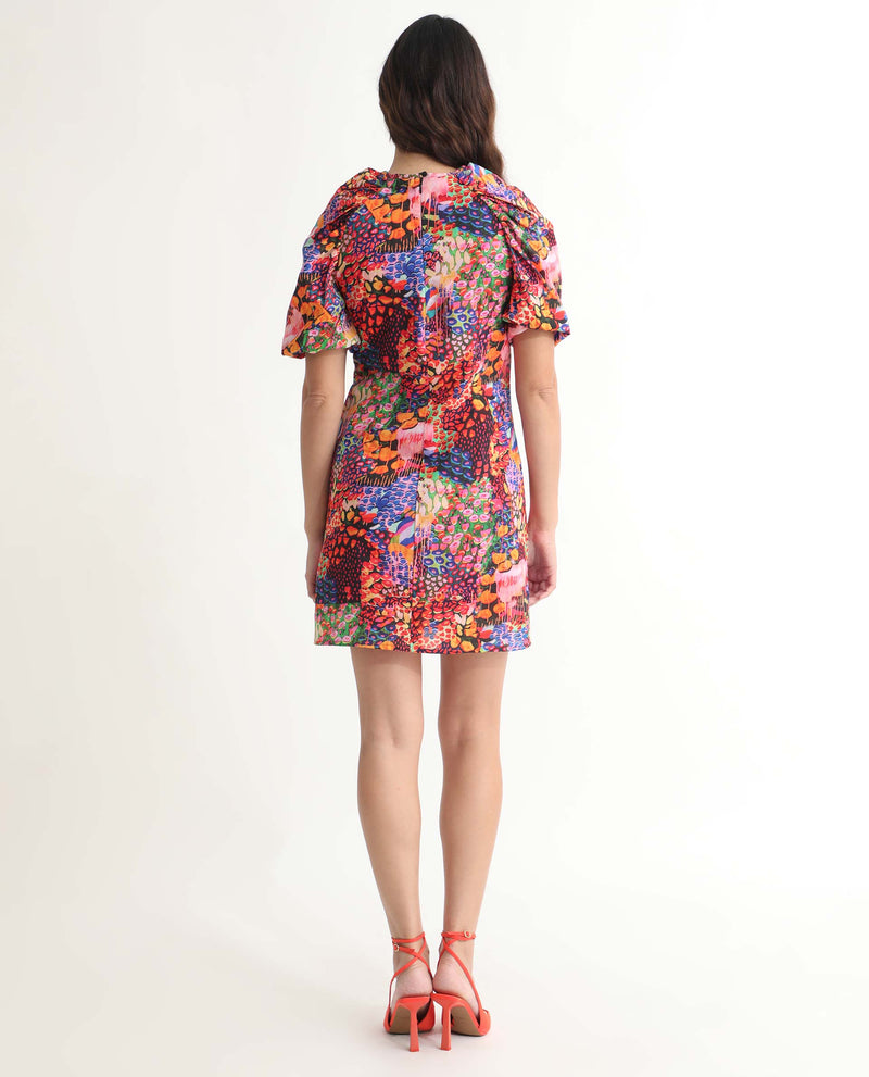 Rareism Women's Scott Multi Cotton Fabric Short Sleeves Zip Closure Round Neck Puff Sleeve Slim Fit Floral Print Short Asymmetric Dress