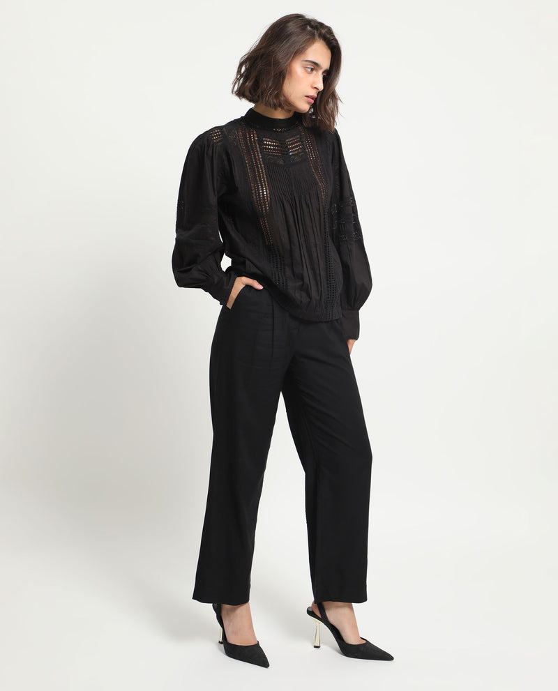 Rareism Women's Schwan Black Cotton Fabric Regular Fit High Neck Full Sleeves Solid Top
