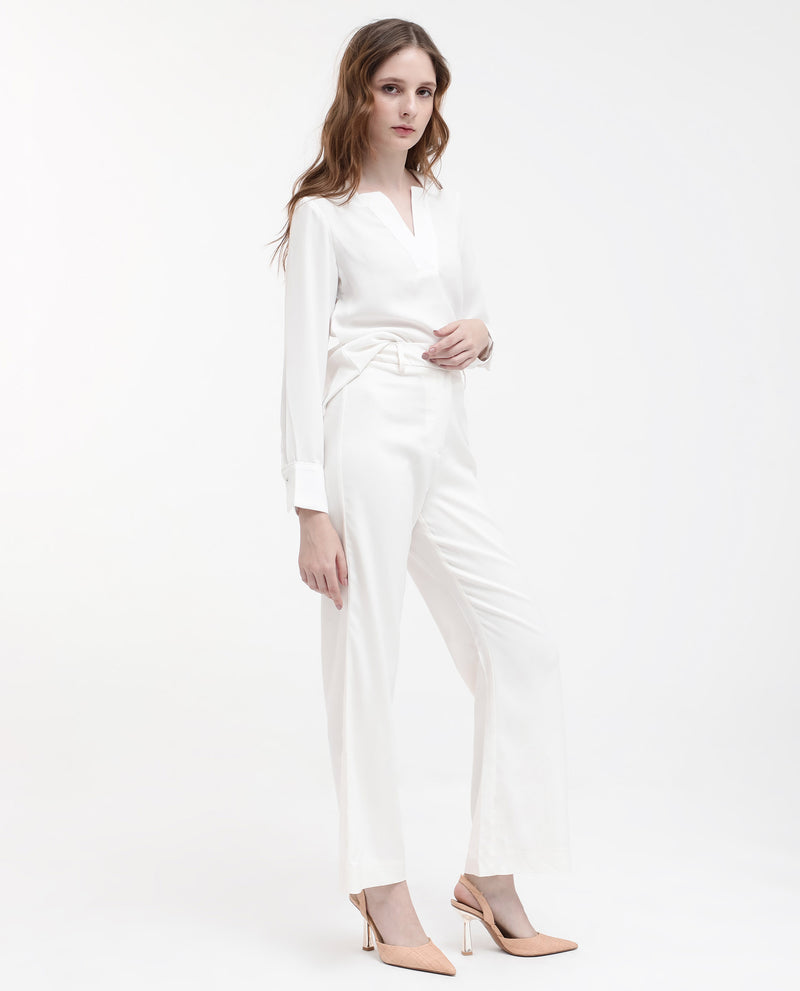 Rareism Women'S Selene White Cotton Fabric Zipper Closure Solid Regular Fit Trouser
