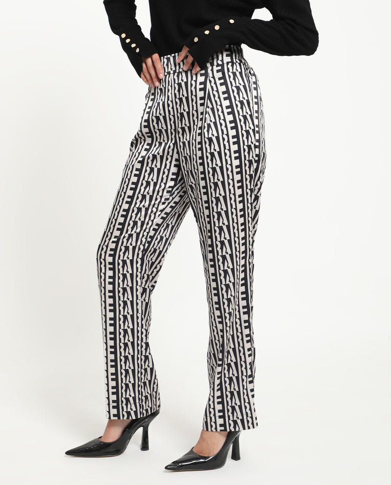 Rareism Women'S Atantit Black Polyester Fabric Tailored Fit Geometric Print Ankle Length Trousers