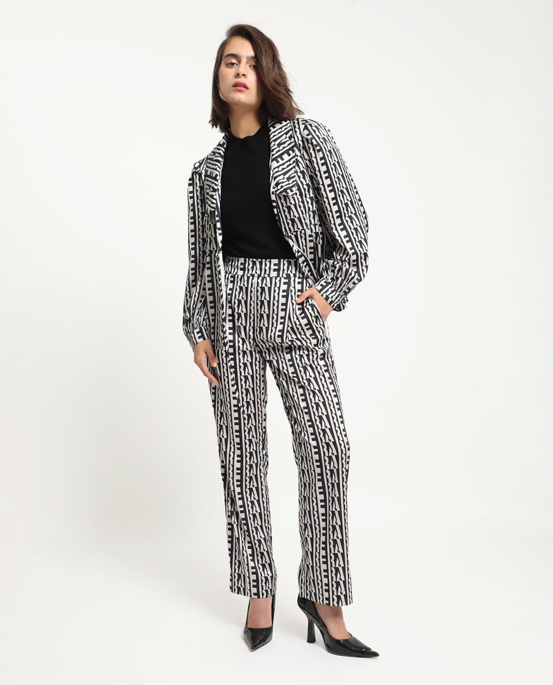 Rareism Women'S Atantit Black Polyester Fabric Tailored Fit Geometric Print Ankle Length Trousers